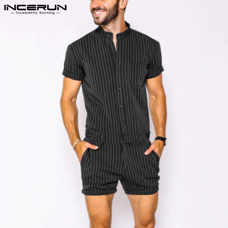 Men Shorts Jumpsuits INCERUN Striped Rompers Joggers Streetwear Breathable Fashion Stand-Collar