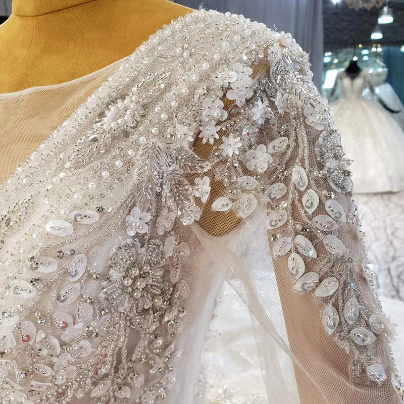 HTL2052 Elegant Extravagant Sequin Crystal Pearls Wedding Dress 2021 Sexy V-Neck Long Sleeve Lace Up Back 6