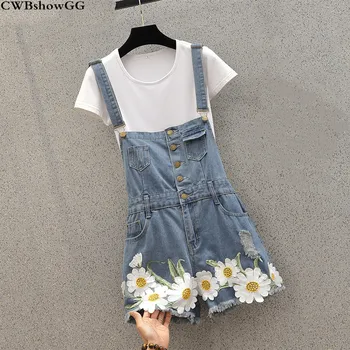 

2020 Summer Women's Loose Fashion White Short Sleeve T-Shirt Top + Embroidered Flower Single Breasted Denim Pant Two-Piece Set