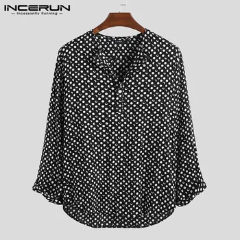 

INCERUN Casual Shirt Men Long Sleeve Polka Dot Button V Neck Tops Camisa Chic Streetwear Vintage Brand Shirts Men 2019 Autumn