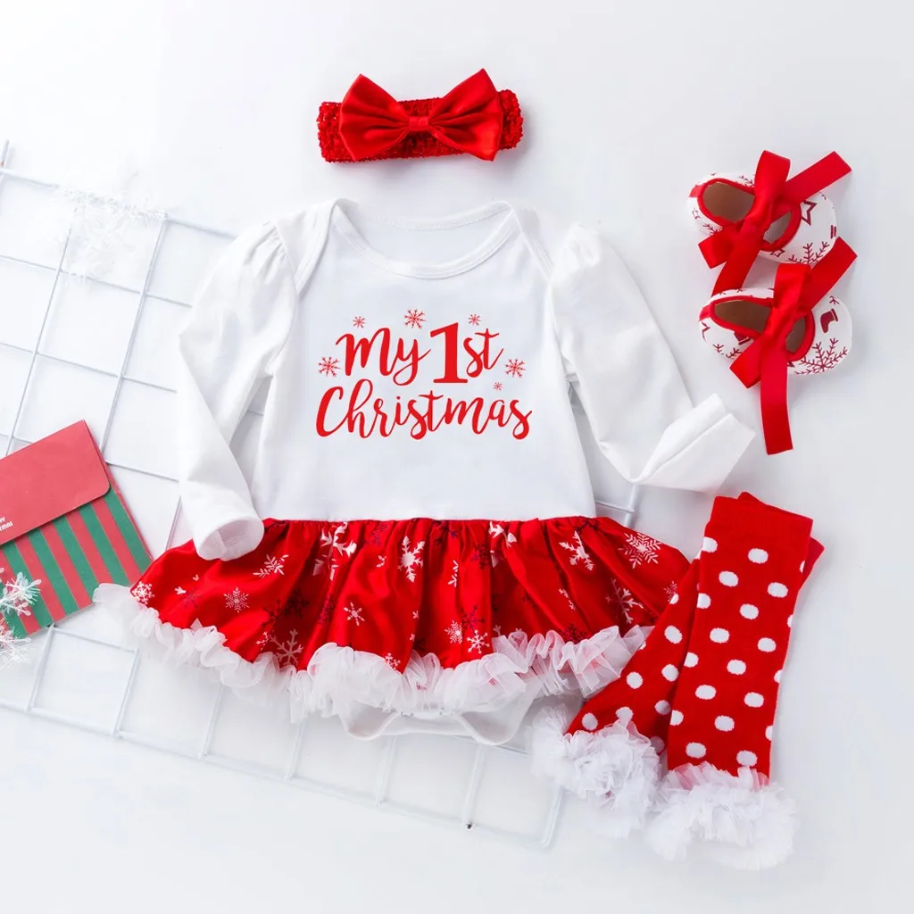 My first christmas/Одежда для девочек; комплект из 4 предметов; комбинезон с принтом Санты для маленьких девочек; комплект юбки; комбинезон с короткими рукавами; kleding