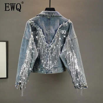 

EWQ 2020 Spring Autumn Oversized New Turn Down Collar Full Sleeve Pockets Tassel Women Fashion Casual Coat Femals Jacket AY067