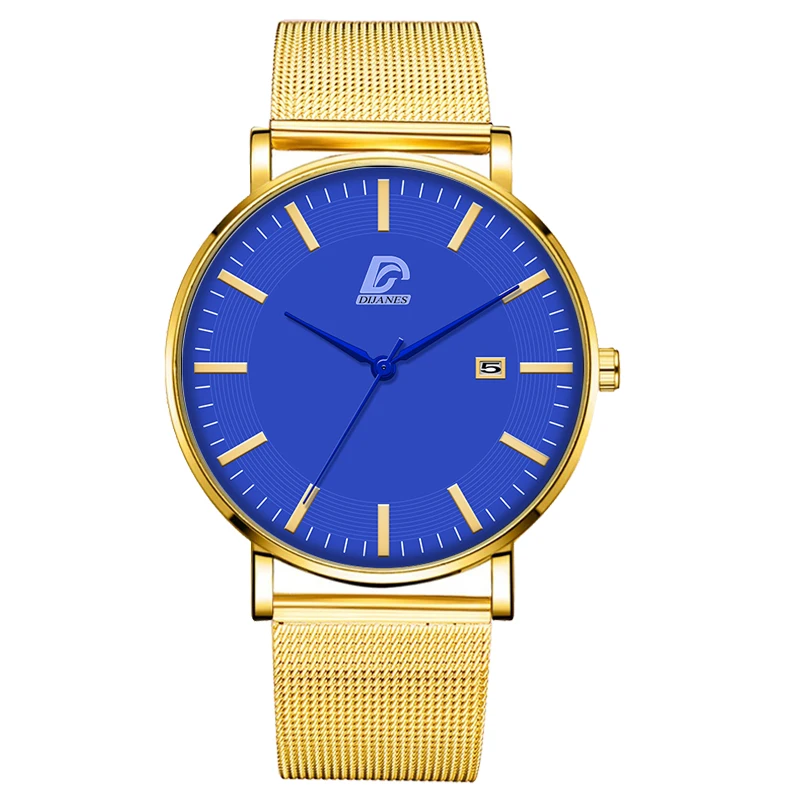 Mesh Gold Blue Reloj Hombre роскошные мужские модные бизнес минималистичные часы ультра тонкие из нержавеющей стали с сетчатым ремешком аналоговые кварцевые часы - Цвет: Mesh Gold Blue