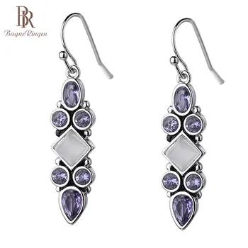 

Bague Ringen Vintage Thai Silver 925 Earrings With Moonstone Purple lamethyst Charm Women jewelry Wedding Party Gift Wholesale