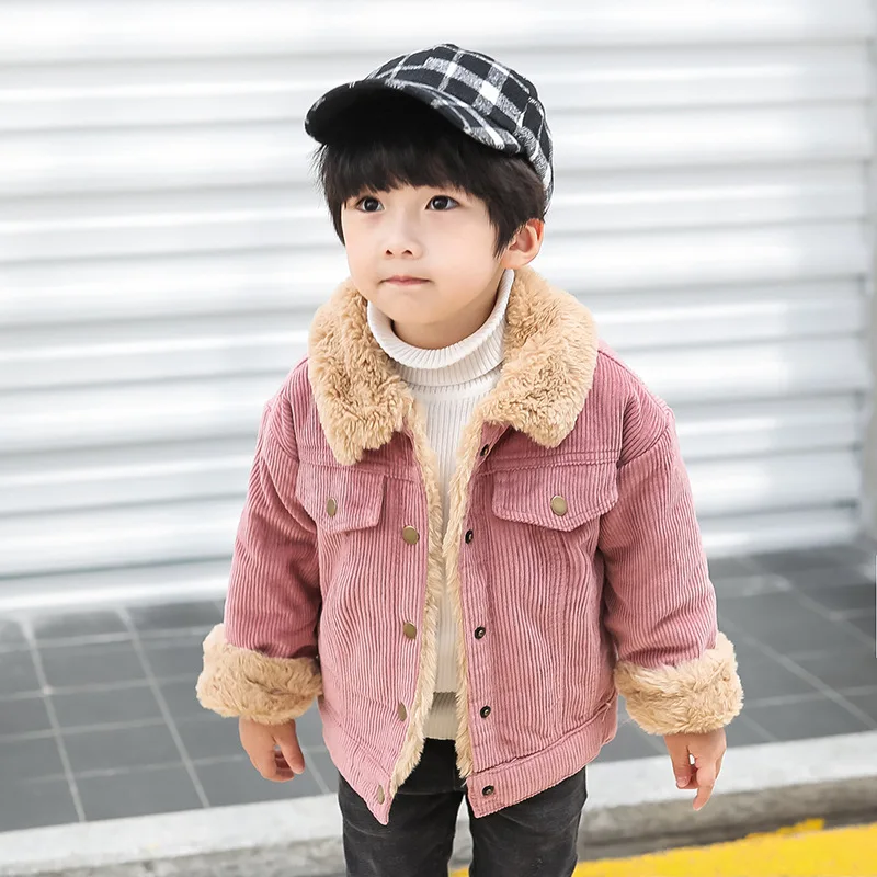 Autumn winter children's clothing jacket boys girls warm jacket children's baby rabbit plush thick coat lapel corduroy coat