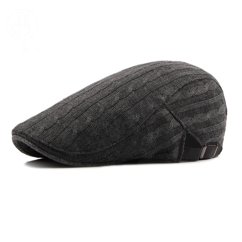 Dark Gray beret FS осень зима шерсть теплый вязаный берет шапка для мужчин женщин Сплошной досуг шляпа с пряжкой Casquette Boina Masculina 5 цветов - Цвет: Dark Gray beret