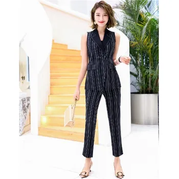 

S-4XL Women's Summer Suit Stripe Vest + Pant 2 Piece Set OL Temperament Uniform Double Breasted Blazer Sleeveless Suits RM50223