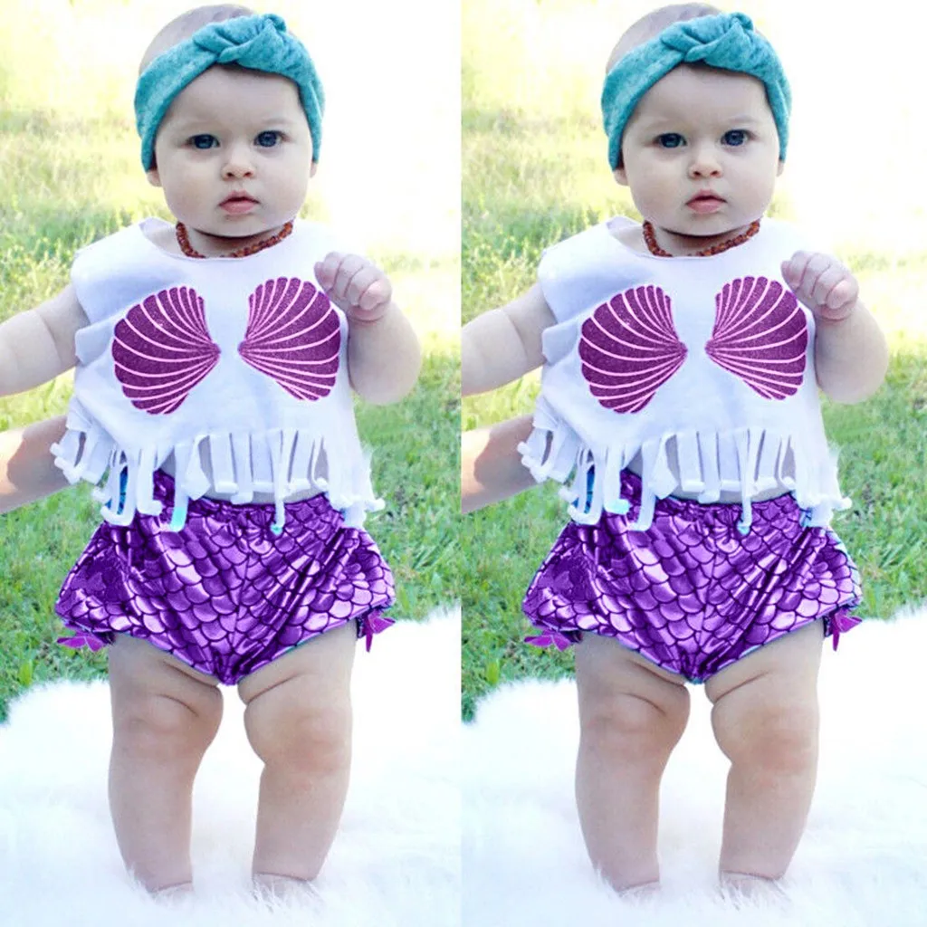 

Summer Kids Toddler Girls Tassels Sleeveless Shell Sleeveless fringed scallop print swimsuit + fish scale shorts L1128