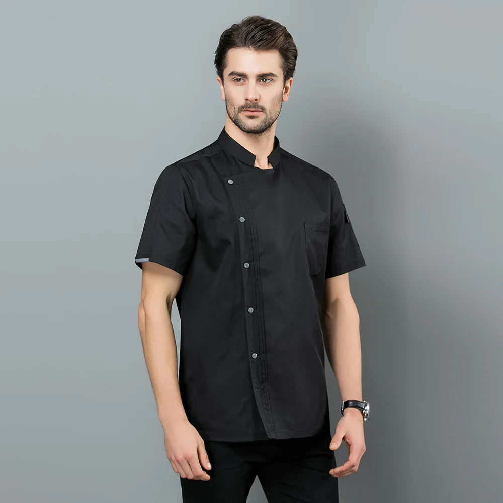 sanxiaxin White black Food Service Chef Jacket Short sleeved restaurant uniforms high quality hotel Kitchen work clothes men