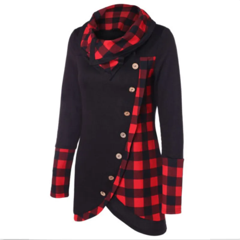 Autumn-Winter-Women-Sweatshirts-Turtleneck-Plaid-Patchwork-Bodycon-Sexy-Buttons-Ladie-Hoodie-Sweatshirt-Lace-Up-Vintage