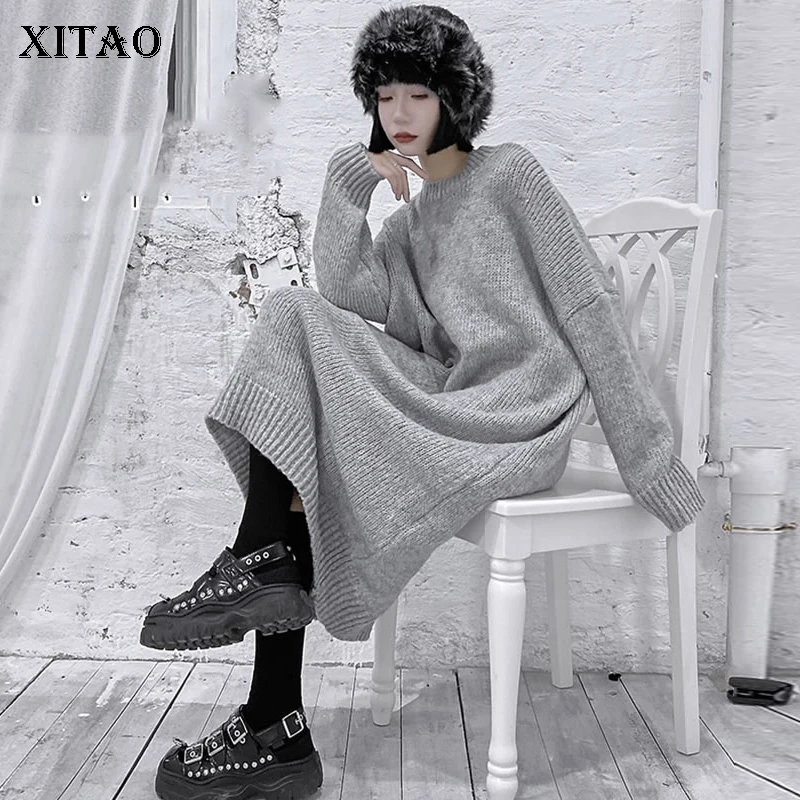 XITAO простого размера плюс серый вязаный свитер женская одежда 2019 мода Свободный