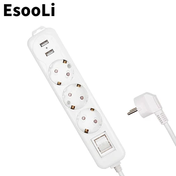 

Esooli Power Strip Dual USB Charge Port 3 AC EU Outlet Socket Extension Plug Power Button Surge Protector 2M Pure Copper Wire