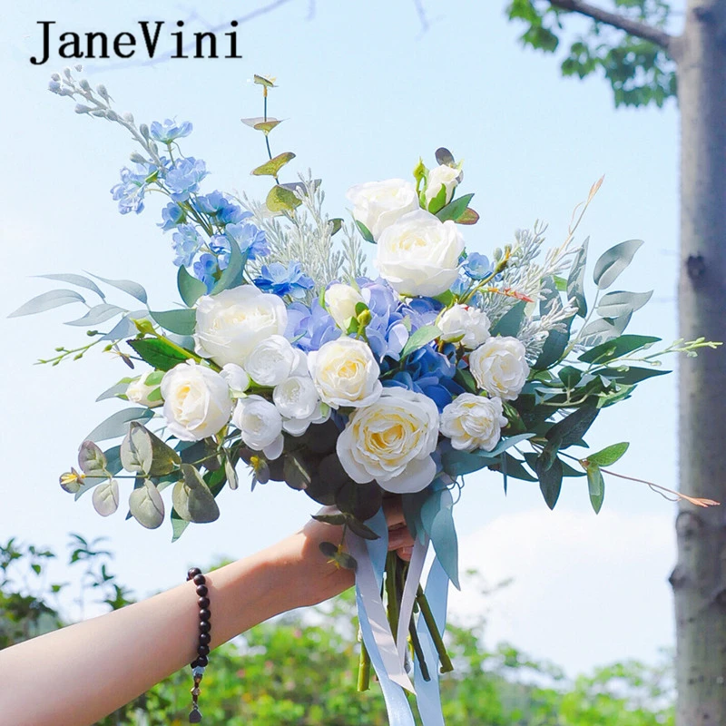 JaneVini Vintage Bridal Light Blue Flowers Wedding Bouquets Artificial Silk Rose Peony Bride Holding Bouquet Wedding Accessories