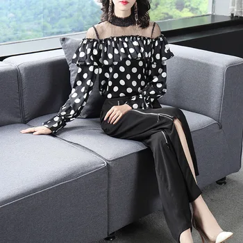 

Hot Sale Europe New Female Spring New Style Ruffles Polka Dot Tops + Zipper Loose Pants Two-Piece Set Sweet Fashion Women's Suit
