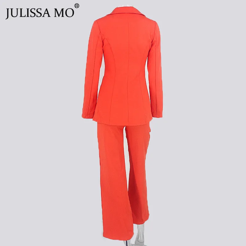 Julissa mo розовый Офис Леди Блейзер Костюмы для женщин осень зима из двух частей куртка длинные брюки комплект мода на шнуровке бизнес наряды