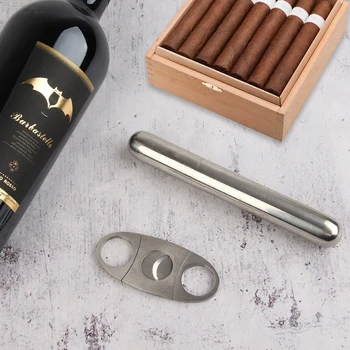

COSY MOMENT Stainless Steel Single Cigar Tube And Portable Cigar Cutter Travel Cigars Box Cigarettes Case Cigar Holder YJ531