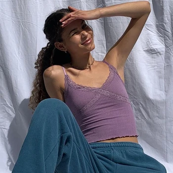 

2020 Fashion Women's Knitted Rib Sleeveless Camisole V-neck Lace Trim Slim Fit Crop Top Summer New Solid Simple Casual Tanks