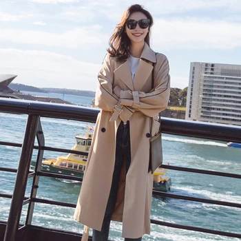 

2020 autumn trend women's windbreaker Elegant Waist Belt Loose Khaki black blue Spring Long Trench coat for women outwear FY47