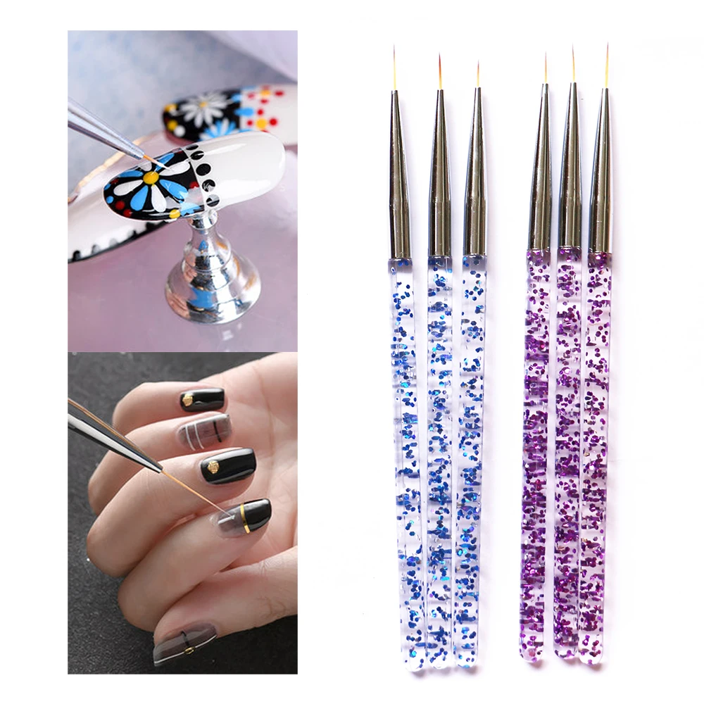 

New 3pcs/set Nail Art Gel Drawing Painting Liner Brush Pen Acrylic Glitter Sequins Handle Blue & Purple Color Nails Tools