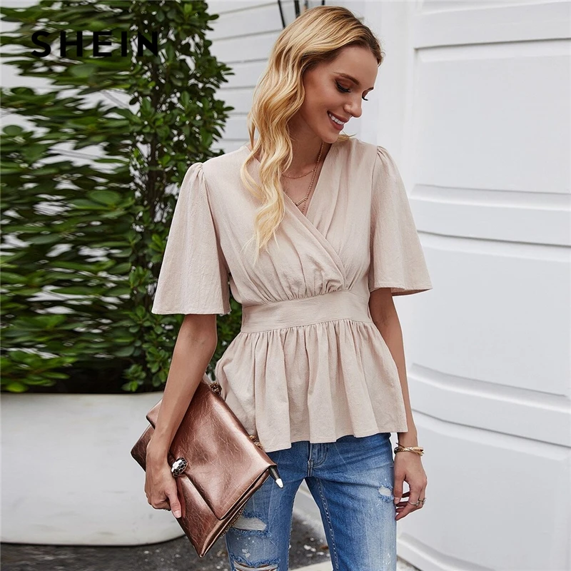 SHEIN Surplice Front Ruffle Hem Peplum Blouse Women Summer V Neck Butterfly Sleeve Ruched Back Womens Elegant Tops and Blouses SHEIN Surplice Front Ruffle Hem Peplum Blouse Women Summer V Neck Butterfly Sleeve Ruched Back Womens Elegant Tops and Blouses
