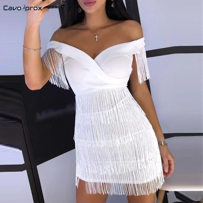 Однотонное дизайнерское платье с открытыми плечами и кисточками, женские сексуальные и Клубные облегающие Мини Коктейльные Вечерние платья