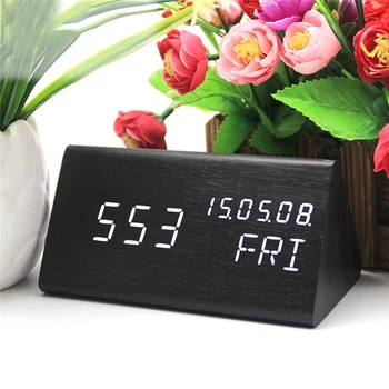

Digital Alarm Clock LED Time Display Alarm Settings Wood Made Electric Clocks Desktop AAA Powered Clocks Table Decor J50
