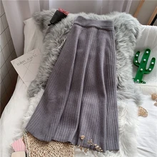 Новинка, зимние вязаные женские юбки до колена, высокая талия, сплошные, свободные, трапециевидные, женские, элегантные, одноцветные, повседневные, универсальные юбки