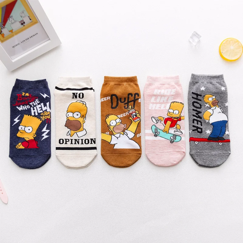 5 pairs / lot fashion cute cartoon Simpson boat socks funny dog cat kawaii animal woman short socks happy girl ankle socks
