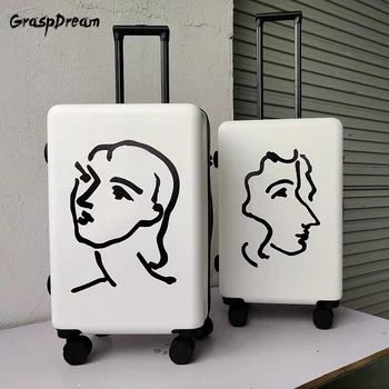 

French original trolley suitcase new design baggage spinner travel luggage Matisse sketch luggage white box 20/24 inch