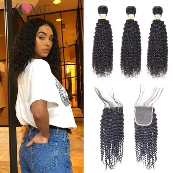 

WOME Brazilian Curly Hair Bundles With Closure Human Hair Weave 3 Bundles With Closure Natural Color Non-remy Hair With Closure