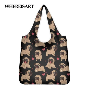 

WHEREISART Unisex Foldable Pug Print Shopping Bag Reusable Tote Pouch Recycle Storage Handbags Floral Colorful Sample Travel Bag