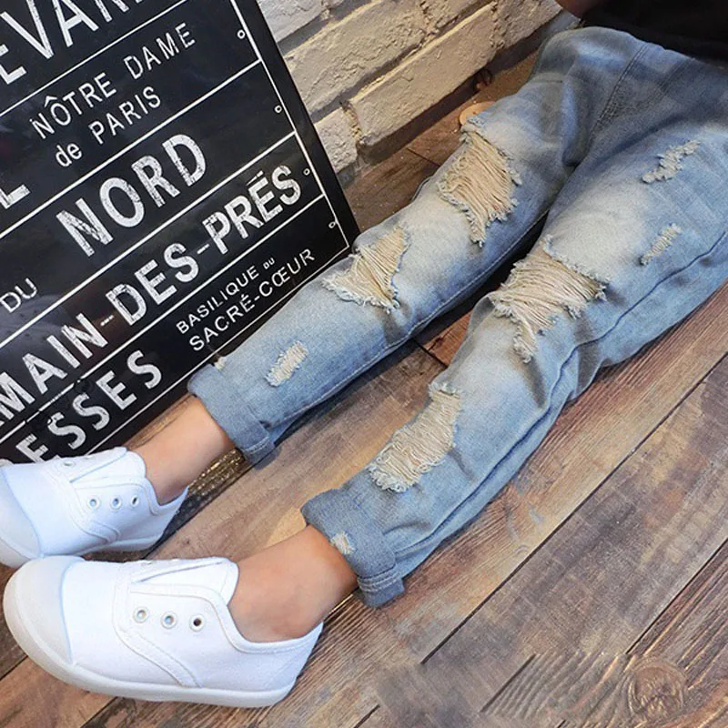 hole jeans Осенне-зимние джинсовые штаны с принтом вишни для девочек; детские джинсы; детские брюки для подростков; рваные джинсы для детей 3-12 лет - Цвет: hole jeans