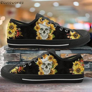 

ELVISWORDS Casual Spring Outdoor Flats Sunflowers Skull 3D Print Black Vulcanized Shoes for Women Light Canvas Low Top Footwear