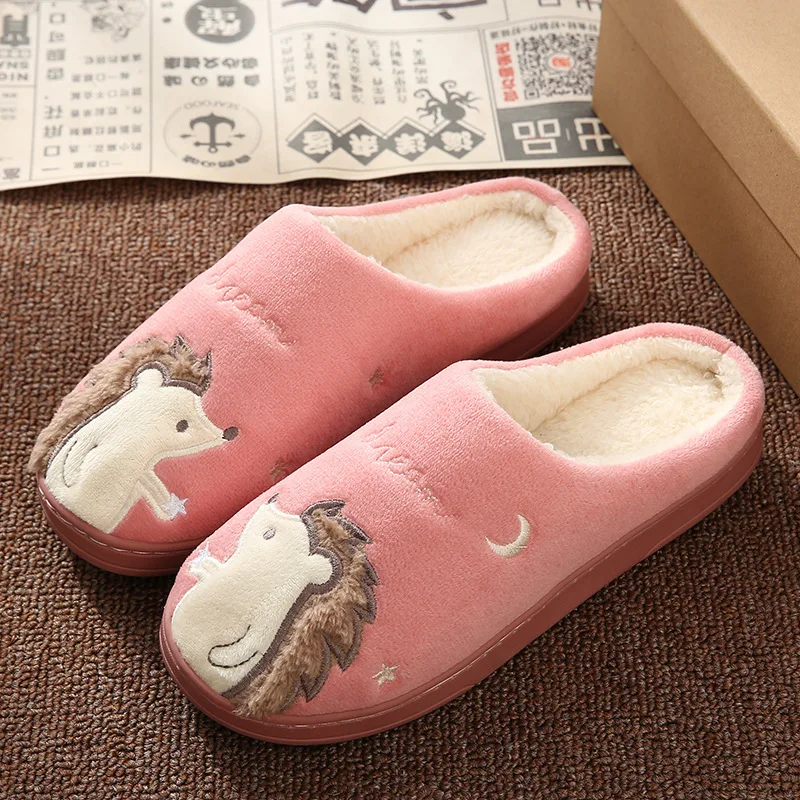 

Female Cotton Slippers Animal Pattern Furry Women Men Couples Home Flats Slides Cartoon Hedgehog Adult Warm Winter Ladies Shoes