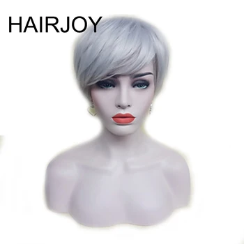

HAIRJOY Black Brown Silver Gray Short Straight Wig with Bangs Women Synthetic Hair Wigs