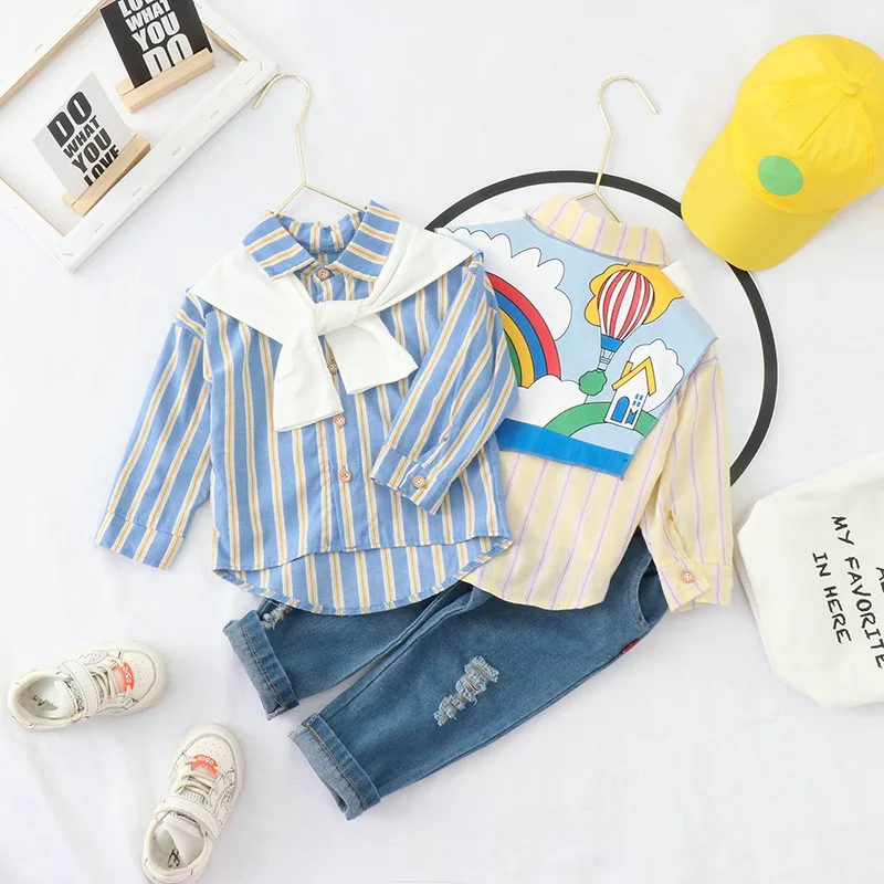 

Spring CHILDREN'S Suit-Style Stripes Navy Style Fold-down Collar Single Breasted Shirt Rainbow Printed Jeans Two-Piece Set