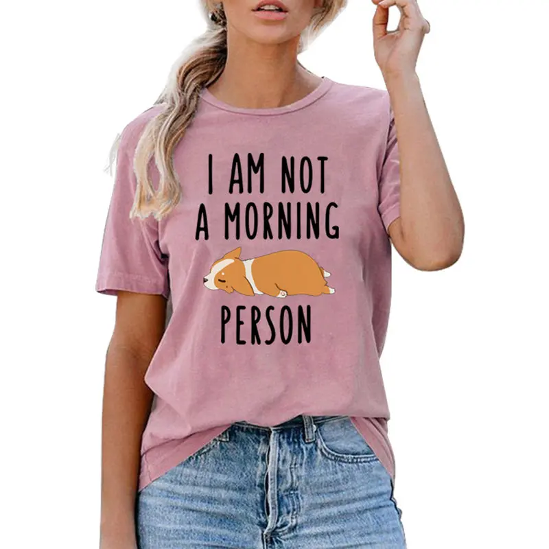 Women I Am Not A Morning Person Cute Dog Hipster Soft Top Slogan Ladies Tee Casual Floral Streetwear Trendy T-Shirt | Женская одежда