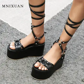 

MNIXUAN Sexy Pole Dance high heels ladies gladiator sandals shoes 2020 new open toe ankle strap women platform wedges size 47 48