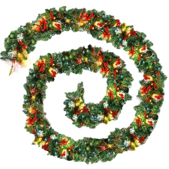 

9ft/270cm Plain Green Christmas Garland with Warm White Led Light Artificial Wreath Fireplace Xmas Tree Decoration