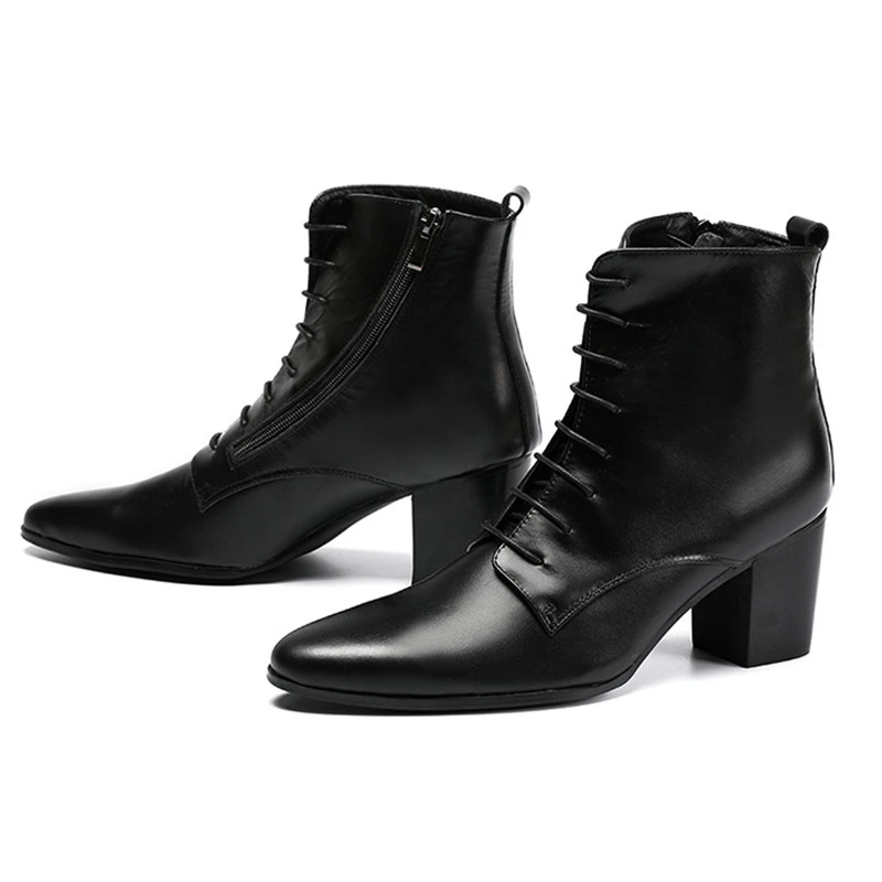 Botines de cuero suave para Hombre, Zapatos de tacón grueso, botas vaqueras de tacón alto de 6,8 cm, con cordones, color negro, 46|Botas de seguridad y de trabajo| AliExpress