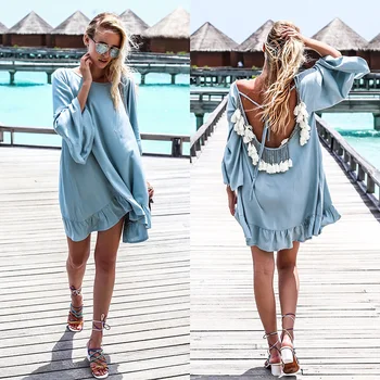 

Fashion Sexy Loose Backless Beach Dress Light Blue Dresses Cottagecore Summer Super Flexible Casual Clothes Playa Clothing