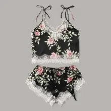 Женская пижама, Сексуальный Атласный пижамный комплект, 3 шт., Женский атласный кружевной Шелковый камзол шорты, набор стрингов, пижама с принтом, белье, Пижама