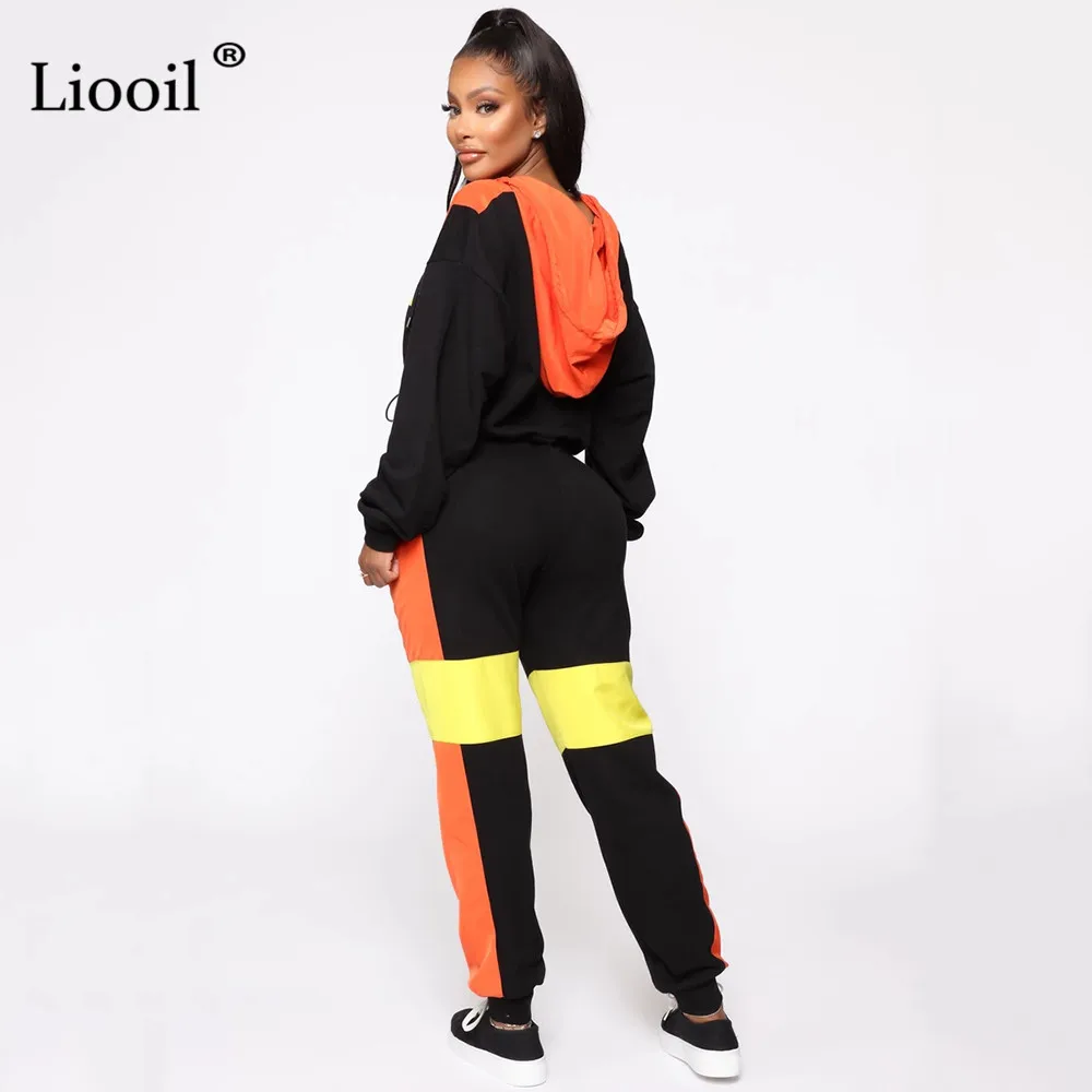 Liooil цветной спортивный костюм с принтом для женщин комплект из двух предметов с длинным рукавом на молнии сексуальная толстовка с капюшоном Спортивные штаны комплекты для бегунов