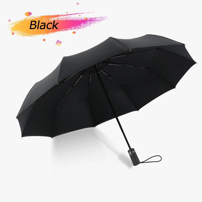Black Двухслойный Зонт для мужчин, полностью автоматический Ветрозащитный складной зонт для гольфа 10 ребер, большой черный Модный деловой зонт для путешествий, подарок для женщин - Color: Black