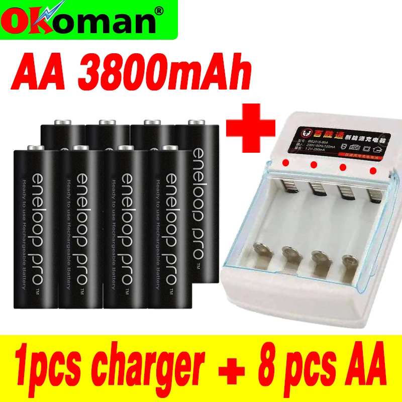 8pcs Panasonic Eneloop Original Battery Pro AA 3800mAh 1.2V NI-MH Camera Flashlight Toy Rechargeable Batteries with Charger