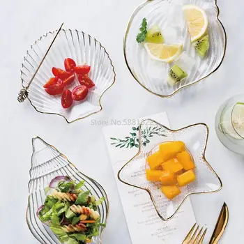 

Transparent Glass Salad Bowl Stars Conch Dessert Snack Rice Bowl Fruit Vegetable Gold-Edged Kitchen Tableware