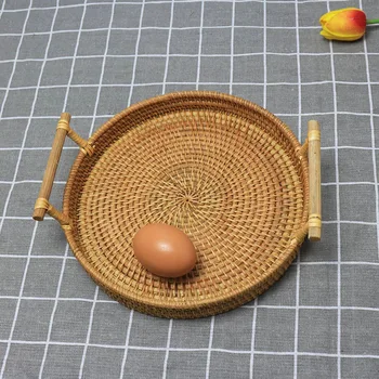 

Hand Woven Wicker Rattan Basket Bread Fruit Snack Tray Round Storage Basket SEC88