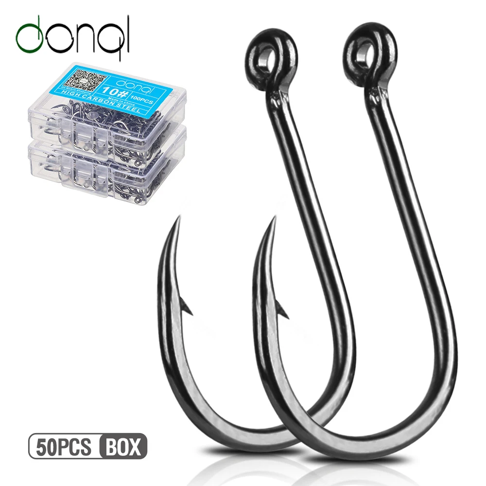 DONQL 50pcs/ Box Fishing Hooks Single Circle Carbon Steel Fishhook Set Jig Barbed Carp Fishing Hooks Sea Tackle Accessories