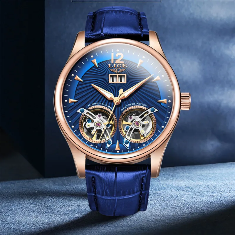 

LIGE Brand Men Watches Automatic Mechanical Watch Tourbillon Sport Clock Leather Casual Business Retro Wristwatch Relojes Hombre