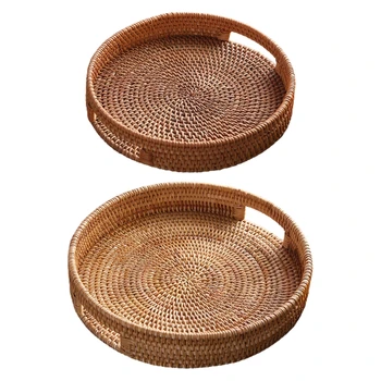 

Rattan Snack Storage Tray Round Basket Hand Woven Decor Bread Fruit Food Display R9JC